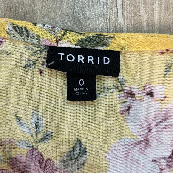 Torrid Floral Smocked Peplum Blouse Womens 0 (L) Yellow Boho Top 3/4 Sleeve - Picture 3 of 7